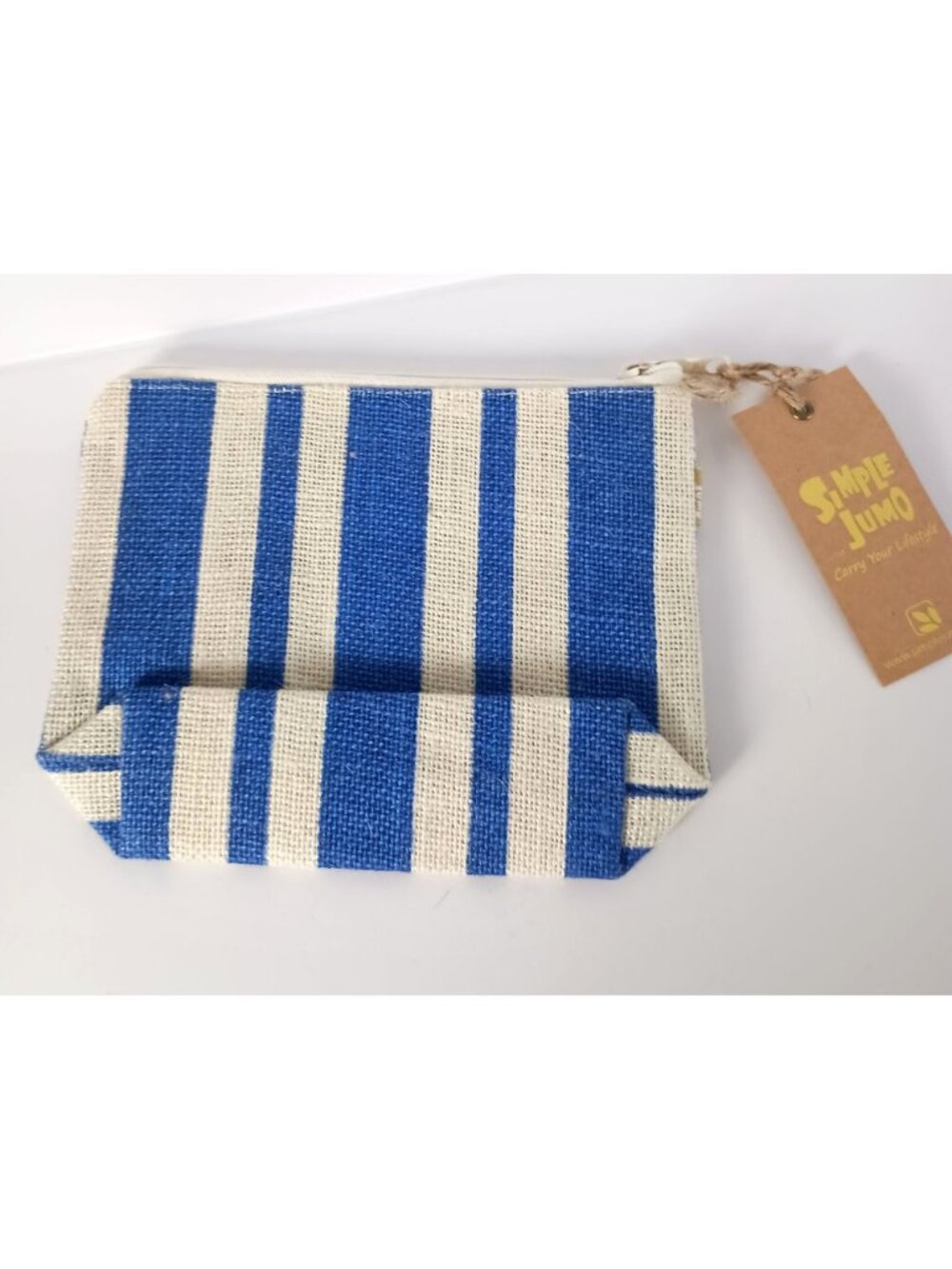 Simple Jumo Blue Stripe Jute Cosmetic Bag Eco Friendly Pouch Organizer NWT - Picture 2 of 8